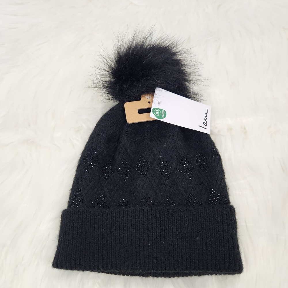 IAM Black Rhinestone Pom Pom Beanie